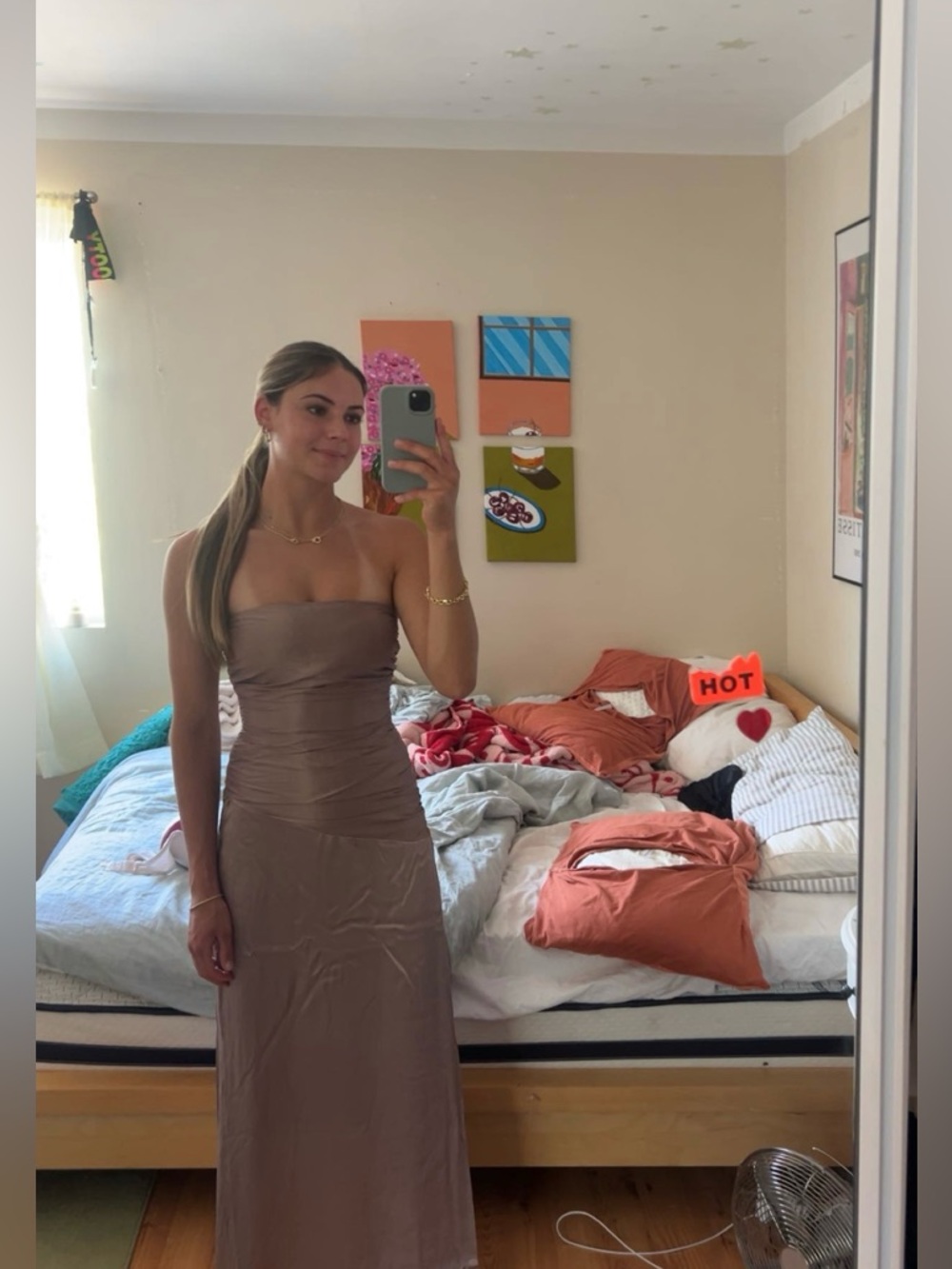 Meshki Strapless Satin Gown in Mauve Taupe